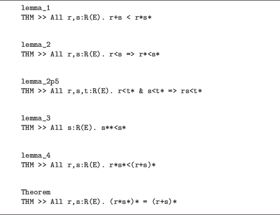\begin{figure}\hrule
\begin{verbatim}lemma_1
THM >> All r,s:R(E). r+s < r*s*...
...>> All r,s:R(E). (r*s*)* = (r+s)*\end{verbatim}
\vspace{2pt}
\hrule
\end{figure}