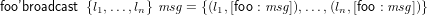 foo’broadcast {l1,...,ln} msg = {(l1,[foo : msg]),...,(ln,[foo : msg ])}
     